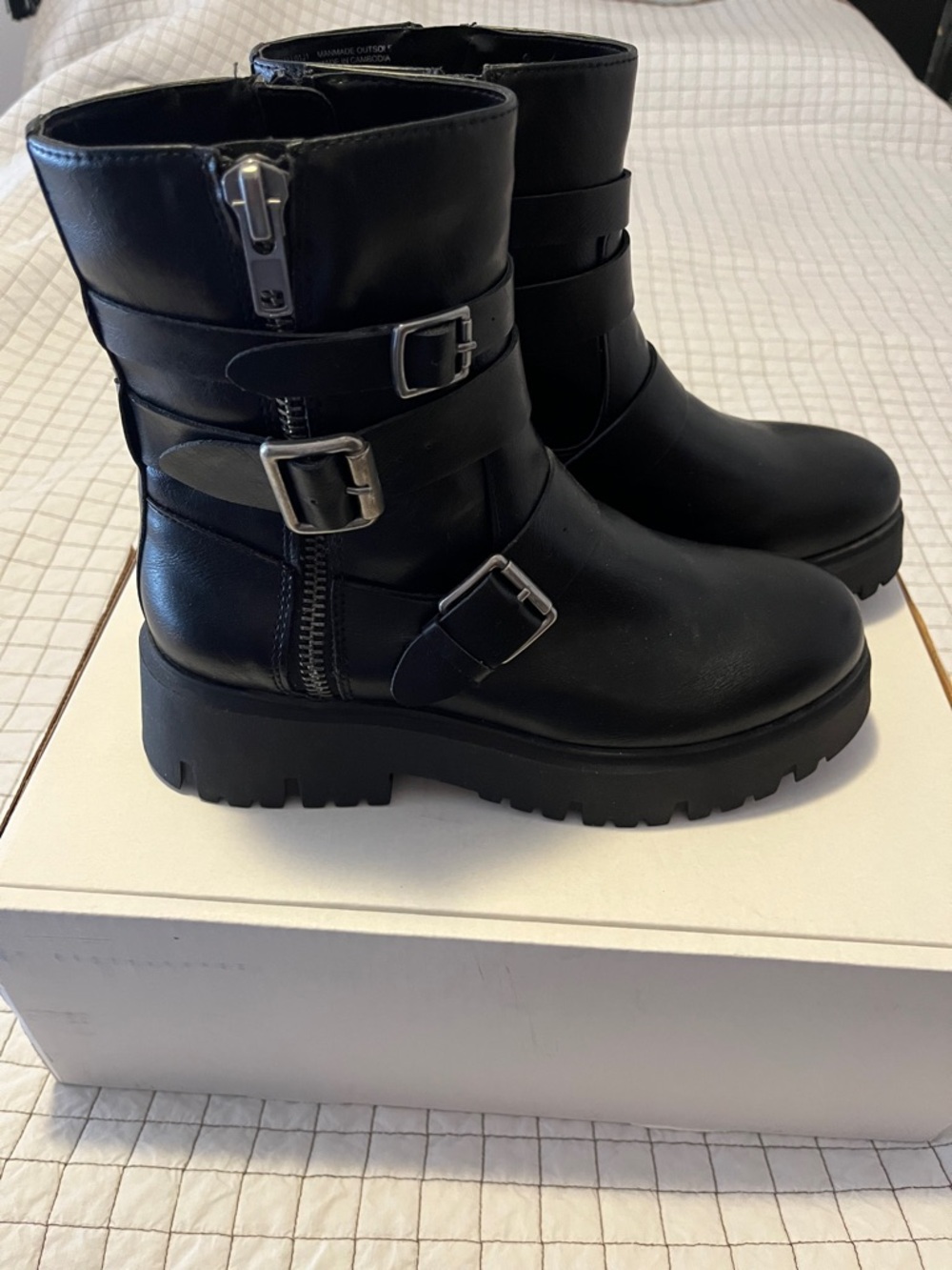 NWOT Madden Girl Black Triple-Buckle Lug Ankle Boots